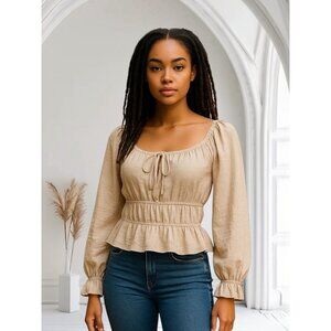 FOREVER 21 Size M Womens Cropped Peasant Milkmaid Top Boho Hippie Gypsy Ruched